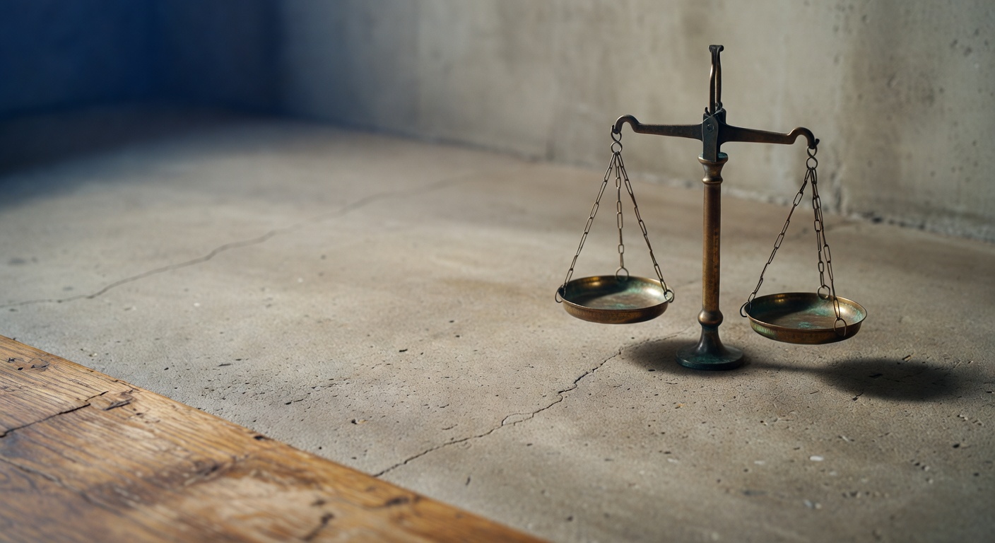 An old tarnished brass balance scale with both empty pans level, resting on a raw concrete surface — overcast morning side light casts one long shadow from the scale arm, deep indigo shadow pools in the upper-left corner, open concrete wall to the left