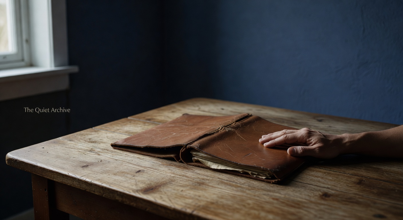A worn leather portfolio resting on an oak kitchen table, one hand placed flat on the cover in a gesture of quiet possession, overcast window light casting long soft shadows across the wood grain