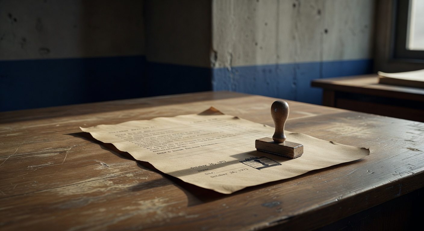 A rubber ink stamp pressed into aged kraft paper on a worn oak desk, ink impression still glistening, long soft shadow falling across the document from window light, deep indigo shadow pooling against a raw concrete wall in the background
