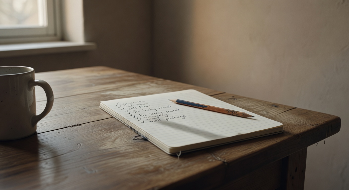 A worn pencil resting diagonally across a handwritten list of names and small tasks on lined notebook paper, several items checkmarked, lying on a worn oak kitchen table in soft morning window light