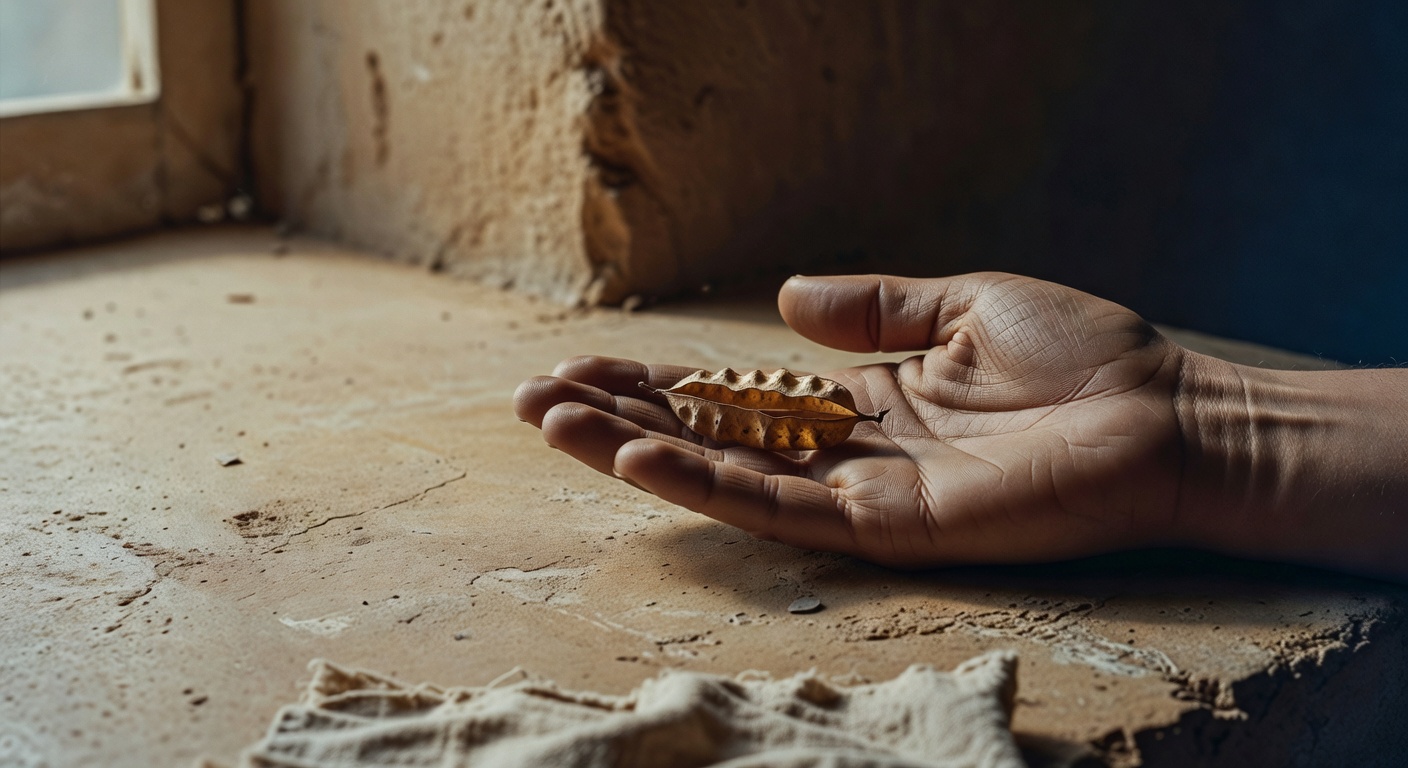 A single dried seed pod resting in the loose open palm of one weathered hand, soft overcast light from the left casting long shadows across the palm lines, raw plaster wall behind, aged linen at the foreground edge, warm amber seed pod against muted oatmeal tones, deep indigo shadow at right