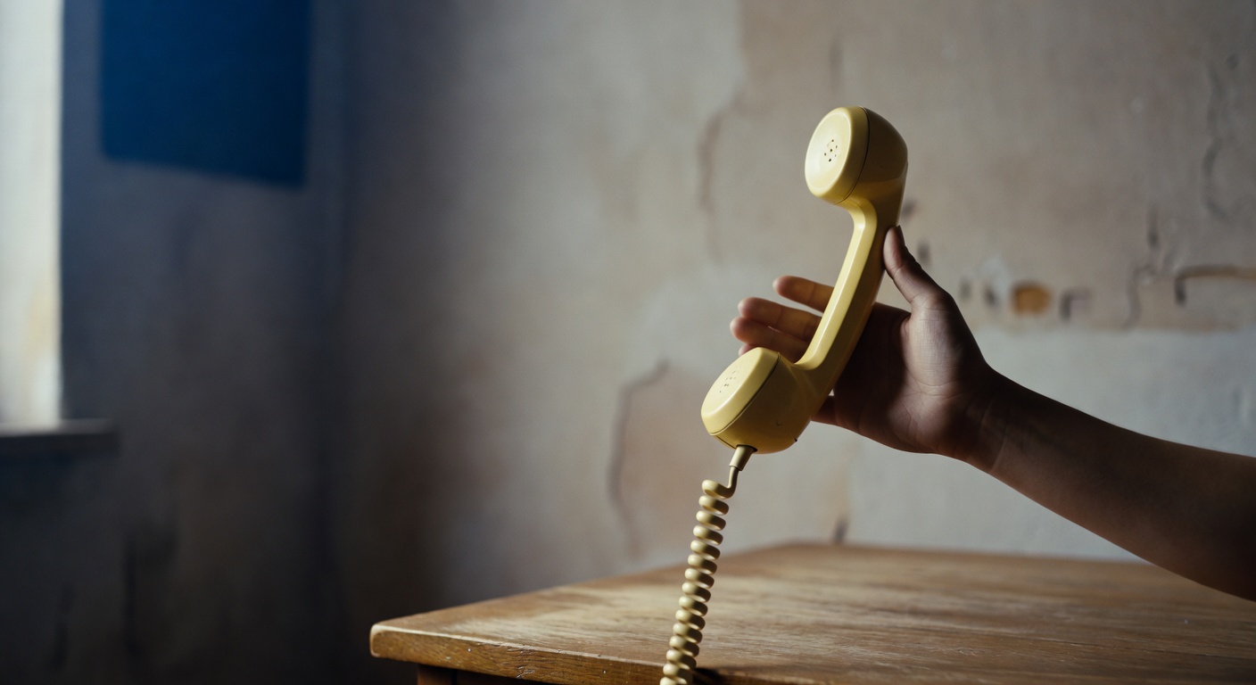 A yellowed cream plastic telephone receiver from the 1980s held in an open palm at chest height, cord hanging loose, side-lit by overcast morning window light against a blurred plaster wall