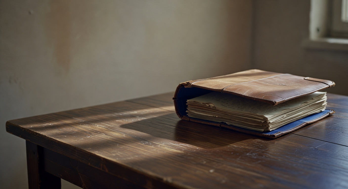 A worn tanned leather accordion folder lying open on a dark walnut table, aged handwritten pages catching soft window light, long shadows falling left across the wood surface, open left third of frame clear