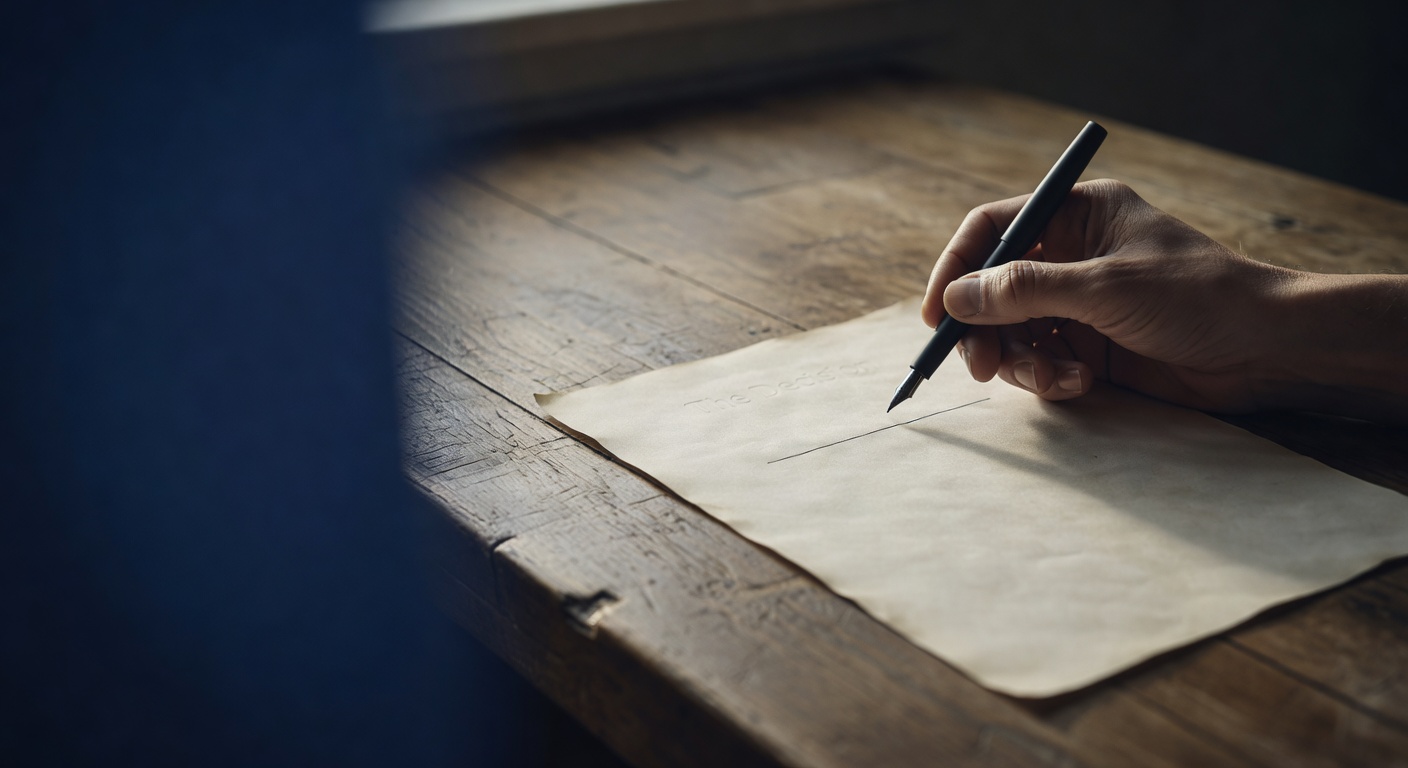 A hand holding a pen loosely above a blank signature line on aged cream paper, suspended in the moment of refusal, overcast morning light from the left raking across the knuckles, deep shadow pooling across the open left side of the frame, worn oak surface receding into soft focus behind