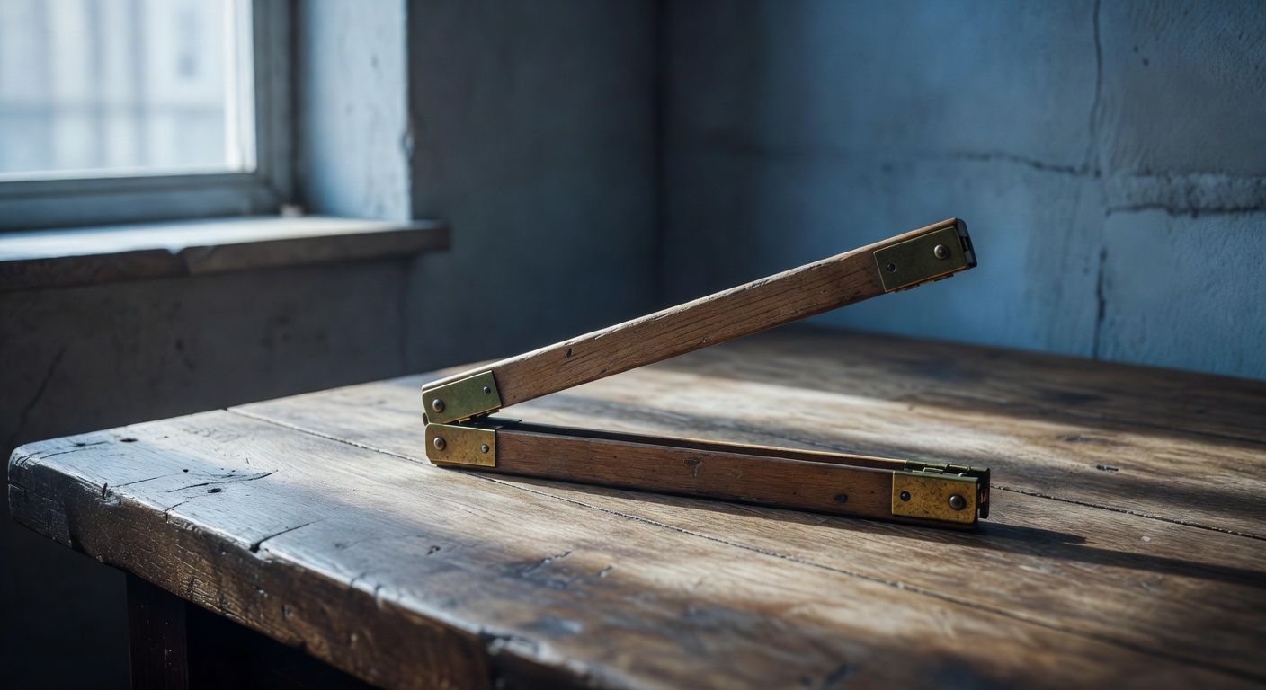 A worn wooden folding rule with oxidized brass hinges resting diagonally on an aged oak workbench, side light from a north-facing window casting long shadows across the grain, indigo shadow pooling beneath the rule against a soft concrete wall background