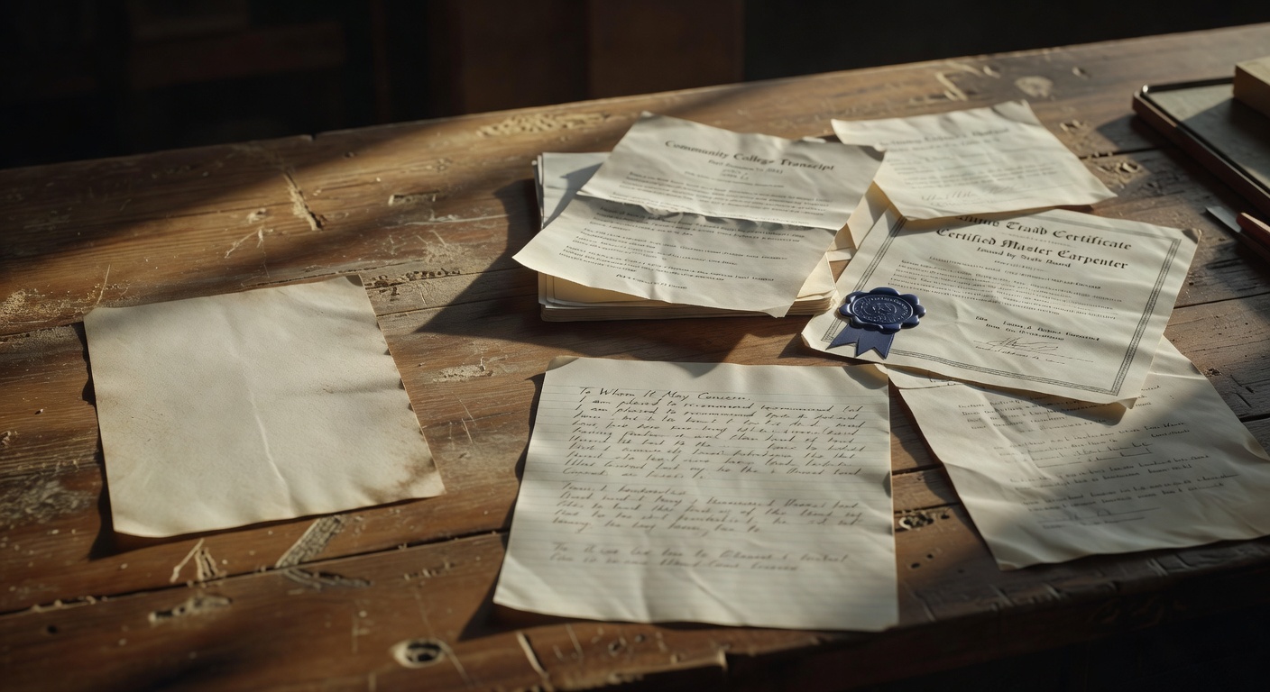 A worn oak workbench scattered with real documents — a folded transcript, a trade certificate, a handwritten letter of reference — each casting long shadows in raking golden light, with a single conspicuously blank cream page at the near edge, the only thing in the frame with nothing written on it