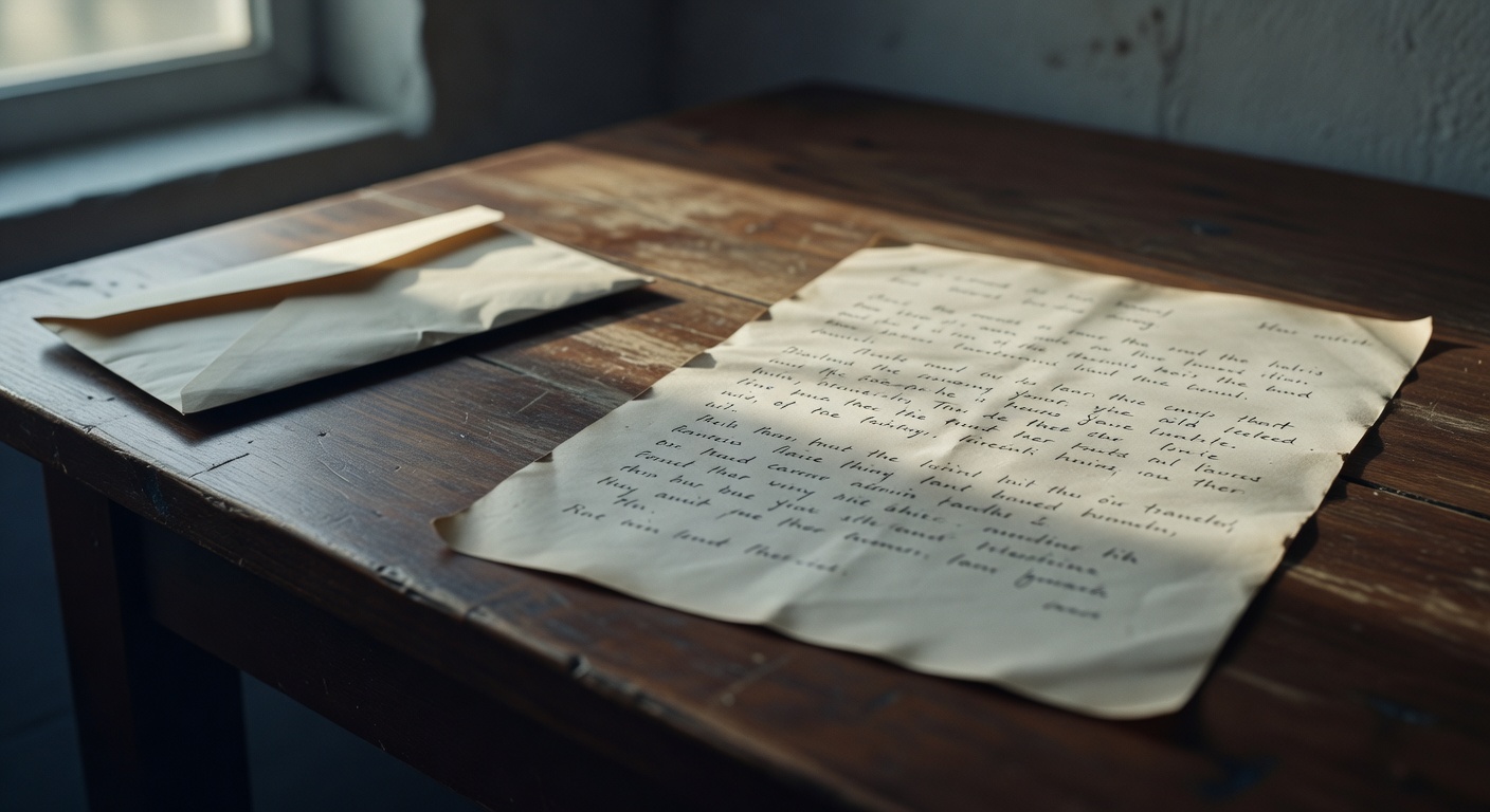 Handwritten letter on aged cream paper resting on a worn dark walnut kitchen table, morning window light raking softly across the page, a sealed institutional envelope blurred in the foreground