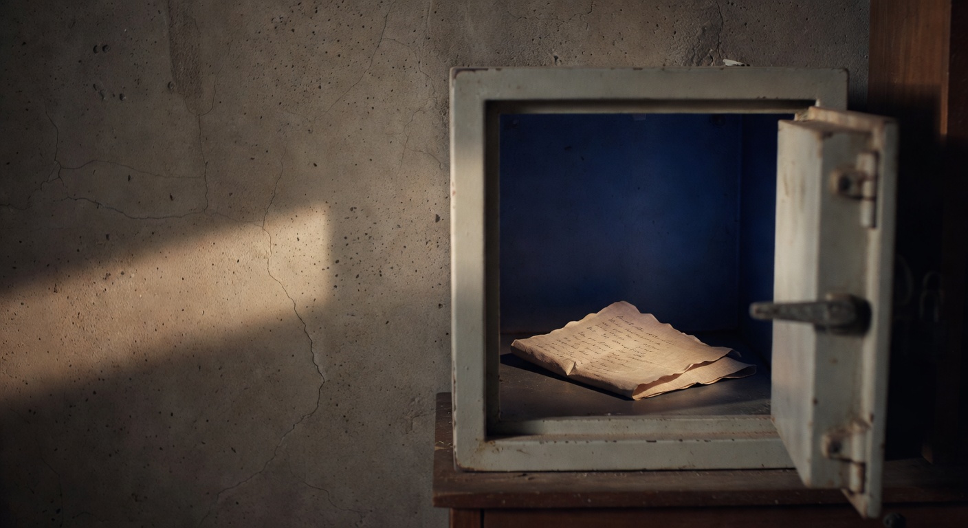 A single folded piece of paper resting inside an open combination safe, its door of worn industrial enamel swung to the left, concrete wall behind catching a long soft shadow from the open door, side light raking across the scene, deep indigo in the safe's interior corners