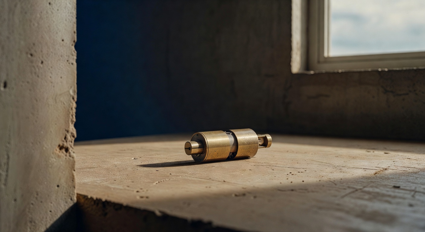 An aged brass deadbolt cylinder mechanism resting alone on a raw concrete workbench, lit by overcast morning side light casting a long soft shadow to the left, the brass sharp and warm against a muted concrete background