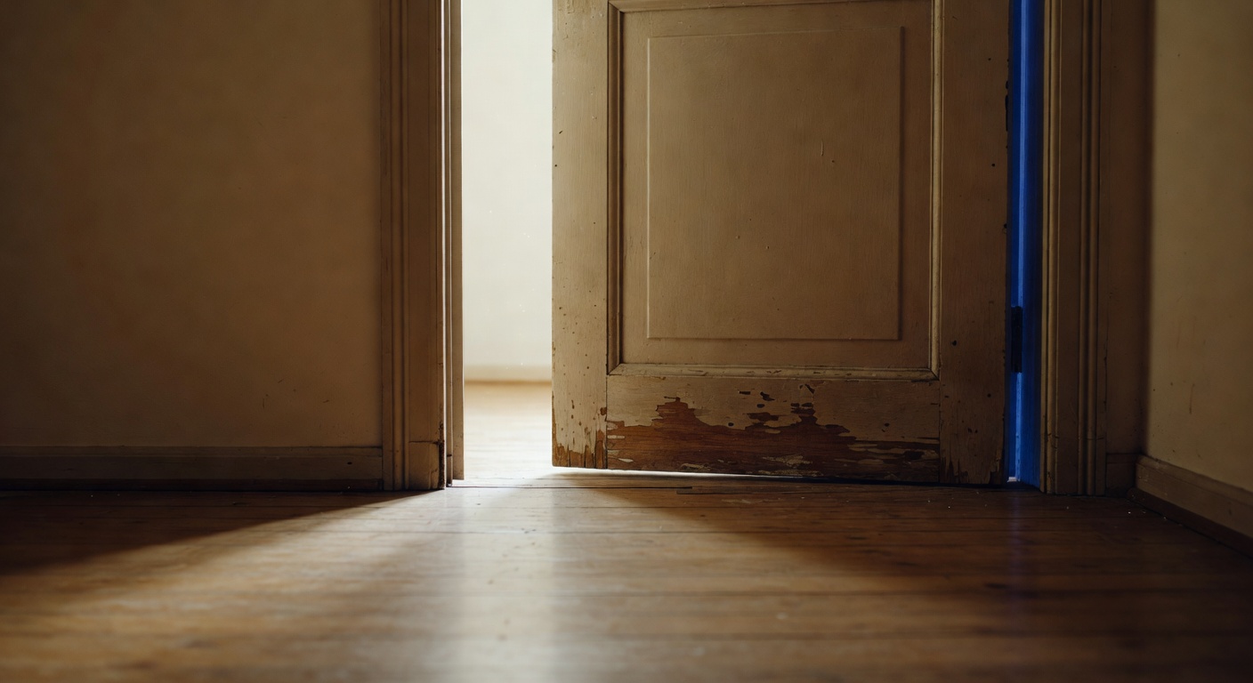 A heavy wooden interior door standing slightly ajar, aged cream paint worn to dark walnut at the lower edge, soft daylight spilling through the gap and casting a long shadow across worn honey-oak floorboards, viewed from inside a quiet room