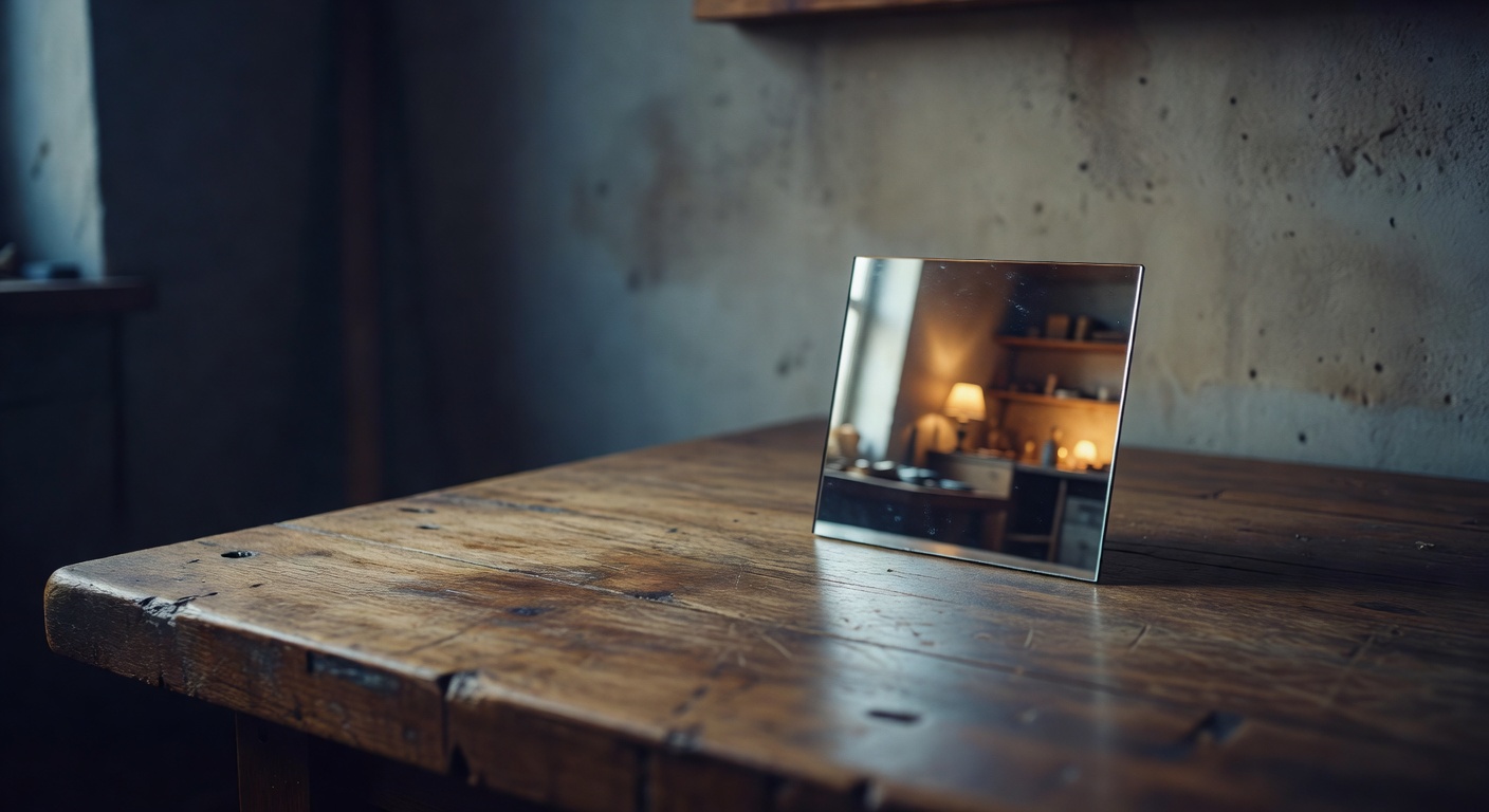 A small handheld mirror resting face-up on a worn oak workbench, tilted to catch cold window light, its reflection showing a warmly lit interior that does not match the room around it, raw concrete wall soft in the background