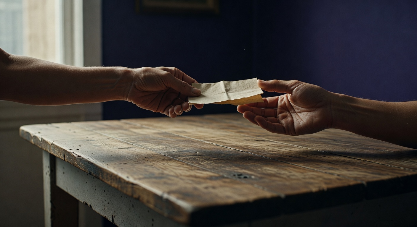 Two pairs of work-worn hands exchanging a small folded slip of aged paper across a scarred oak kitchen table, soft morning side light from the left, shallow depth of field with the paper in sharp focus