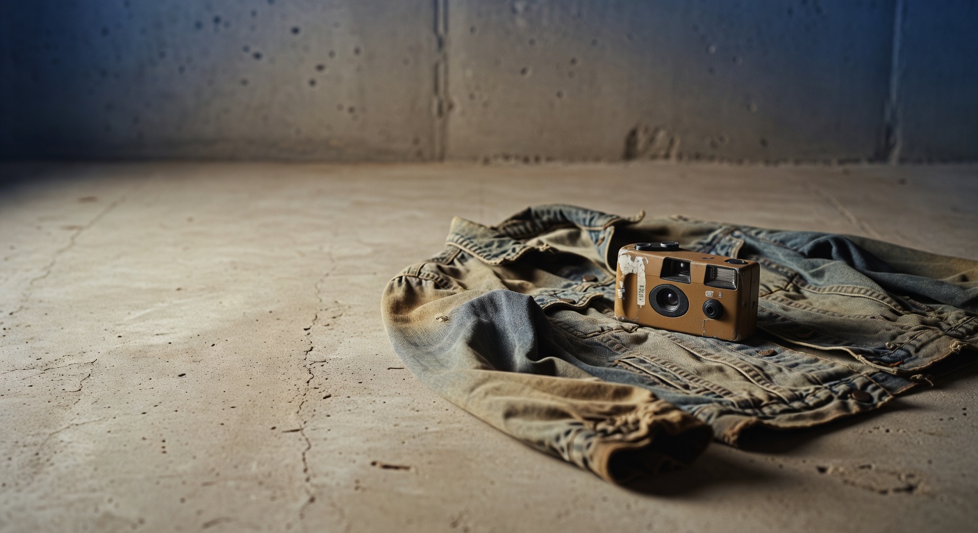 A disposable film camera resting on a worn denim jacket against raw concrete, soft window light casting a long shadow to the right — a deliberate choice of something real and irreversible