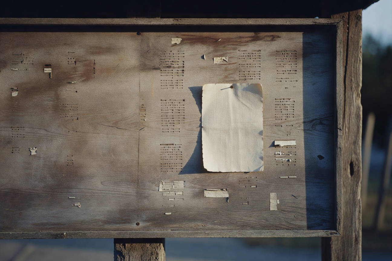 A folded letter with a dark wax impression resting on a worn oak table, overcast morning light warming the paper, an open doorway behind it leading into an empty indigo-shadowed hallway, shot on 35mm film with shallow depth of field