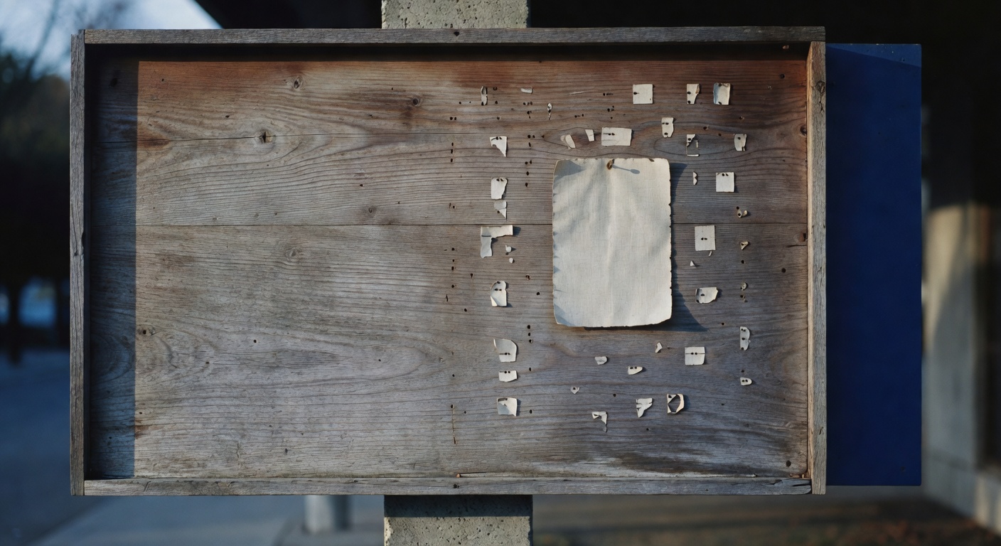 A weathered cedar community bulletin board with a single sheet of aged linen paper hand-pinned at the right, surrounded by ghost impressions of old staple holes, shot under cool overcast morning light
