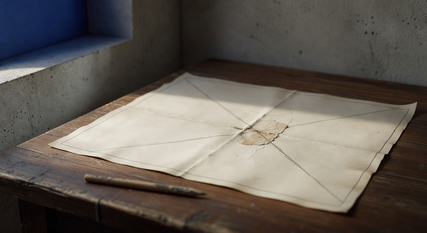 Aged topographic map laid flat on a dark walnut workbench, four hand-drawn graphite lines from different edges of the map converging at a single small worn patch near center-right, a soft-focus pencil rolling off the table's left edge, raw concrete wall with indigo shadow in the background, overcast morning window light from the left