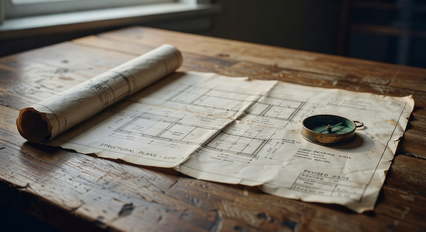 A large architectural blueprint partially unrolled on a worn oak workbench, an oxidized brass compass resting on the near corner, pencil annotations filling the margins, overcast morning window light washing across the surface, open left third of frame clear for text