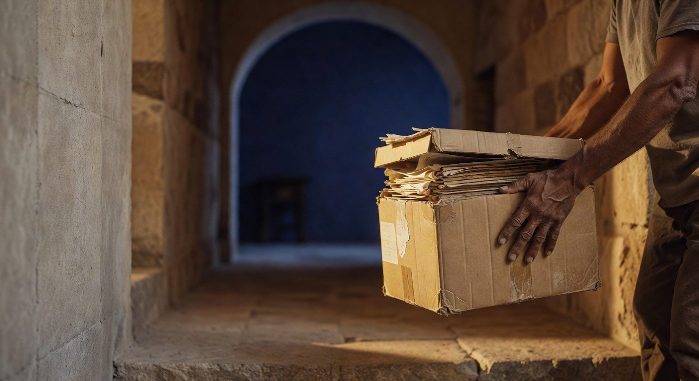 Weathered hands carrying an overfull cardboard archive box mid-stride through a stone corridor threshold — your records in your arms, leaving on your own terms