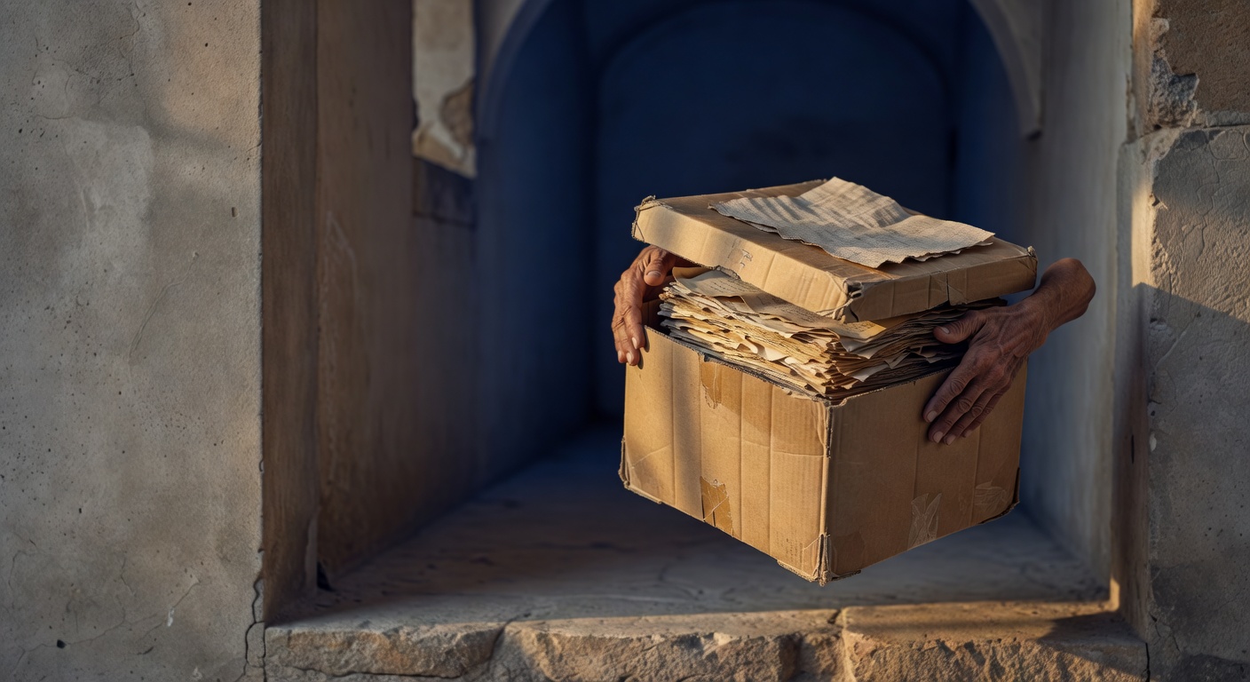 Two pairs of work-worn hands exchanging a folded handwritten note across a worn oak kitchen table, soft overcast morning window light falling across aged paper and amber wood