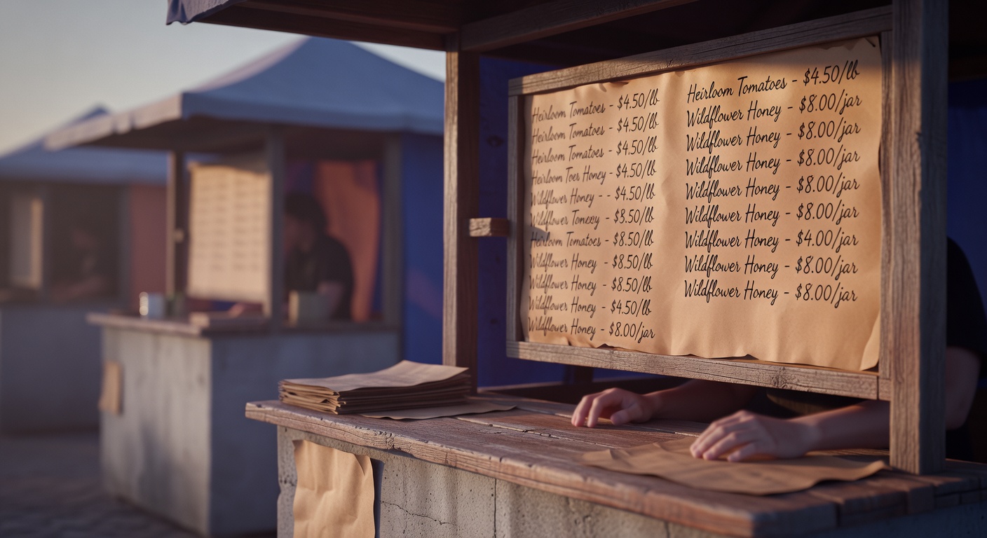 A handwritten market board listing terms and prices side by side on weathered timber, seen from the buyer's side of a worn oak counter at golden hour — two soft-focus competing stalls visible in the background, buyer's hands blurred in the foreground, implying choice