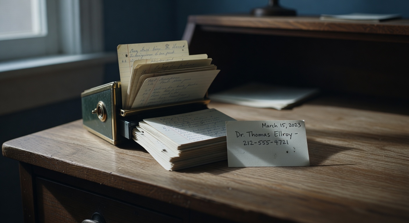 A vintage Bakelite rolodex on a worn oak desk, its fanned index cards filled with faded handwritten names and numbers, while a single crisp card sits apart on the desk showing a fresh current entry, morning light from a north-facing window casting long soft shadows across the wood grain