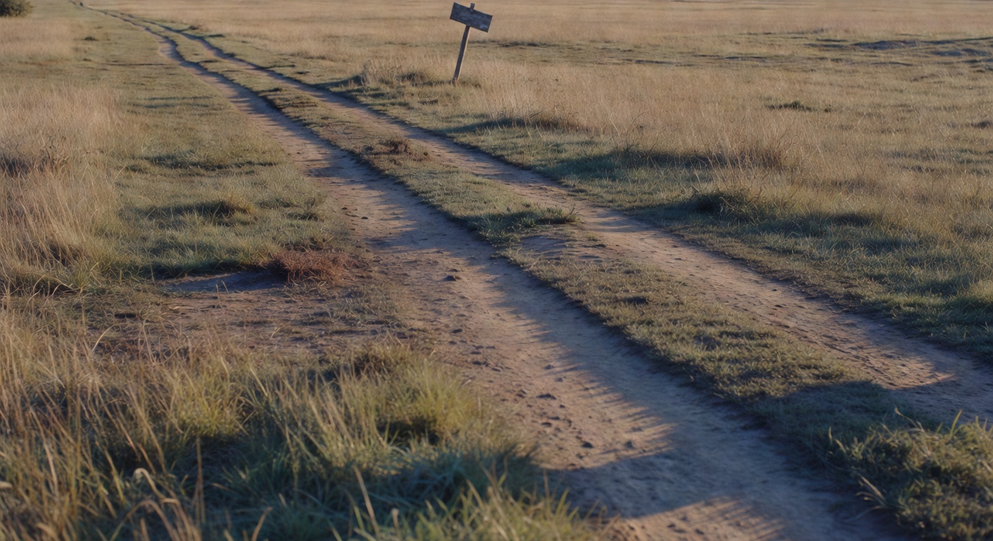 Three parallel dirt tracks worn into a dry late-summer meadow at golden hour, one track noticeably deeper than the others, a small weathered signpost standing off the paths in the middle distance